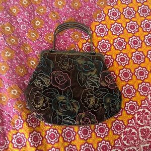 Vintage brass handle and hardware Floral Embroidered Women's Bag. Brown flowers
